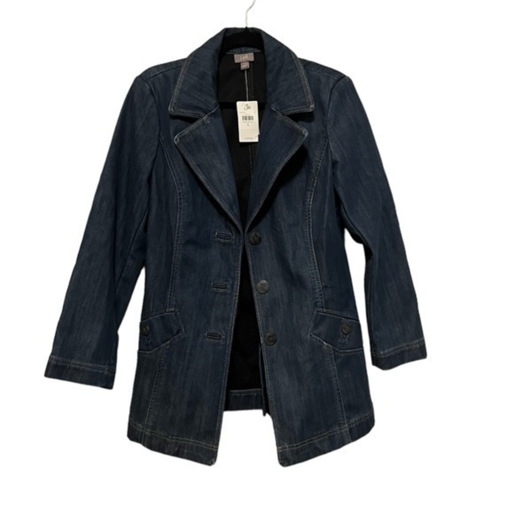 NWT! J.JILL Dark Denim Blue Jean Jacket Wide Lapel 3-Button Blazer, S